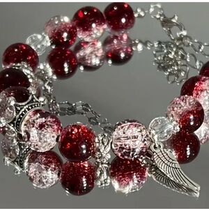 Elegant Red and Silver glass Beaded Bracelet with charms and clasp closure